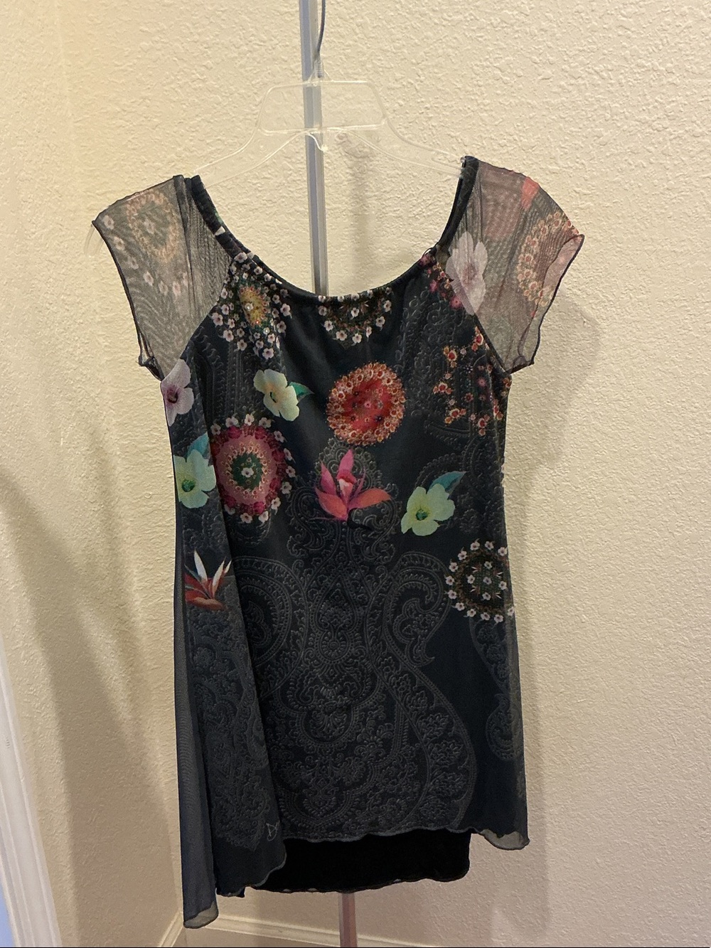 Desigual Black Mesh Dress with Multicolor Floral Motif